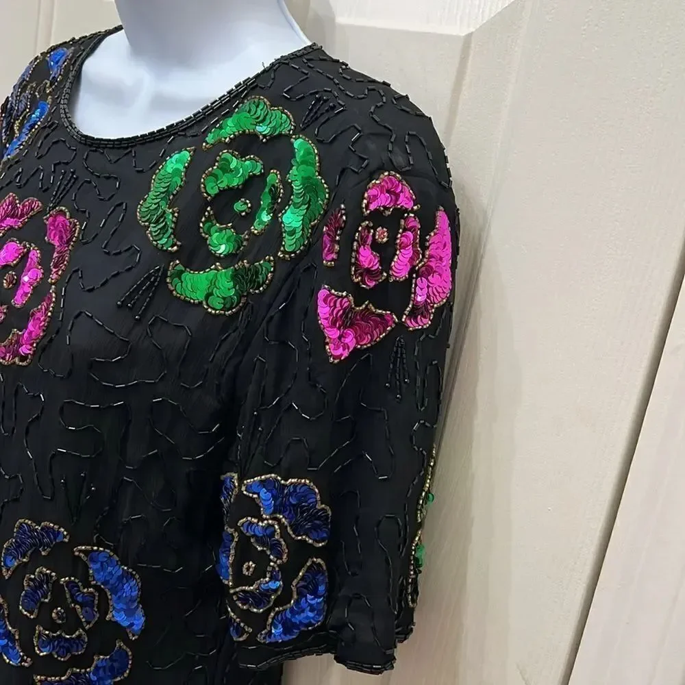 Vintage Stenay Womens Top Sz M Short Sleeve Sequin Beaded Scoop Neck Formal